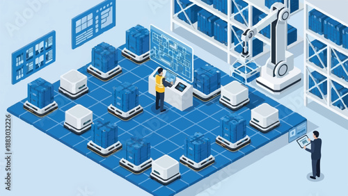 Isometric illustration of industrial automation with workers operating robotic arms and monitoring systems in a factory setting with blue and white