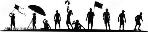 People leisure activities silhouettes showing outdoor recreation, beach games, relaxation, summer lifestyle moments and casual human poses in black vector style