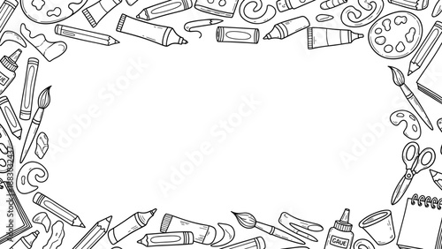 A creative border design filled with various art and craft supplies on a white background, perfect for school projects and creative endeavors