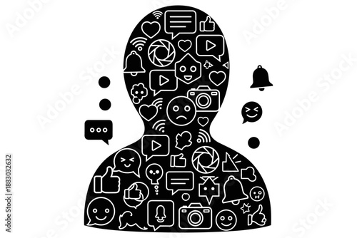 Symbolic illustration depicting an individual's identity intertwined with a multitude of digital communication and social media elements, showcasing modern connectivity