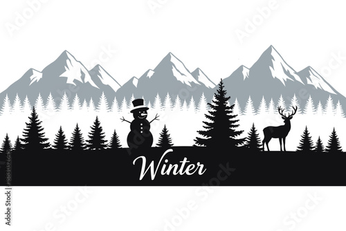 Elegant winter landscape illustration with majestic mountains, evergreen trees, a cheerful snowman, and a graceful deer silhouette, celebrating the cold season