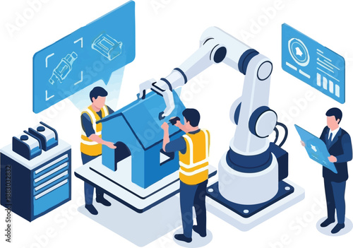 Three workers and a manager collaborate with a robotic arm in an industrial setting with screens