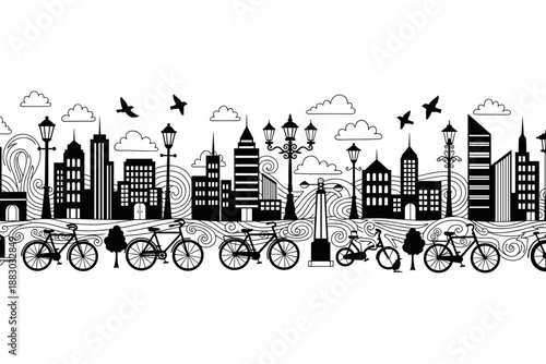 Decorative seamless black and white city pattern featuring urban skyline, streetlights, and bicycles, perfect for modern graphic design projects and contemporary backgrounds