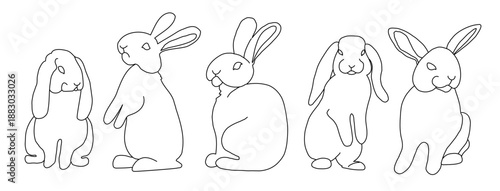 A set of five charming Easter bunnies in minimalist line art style. Clean, thin line illustrations perfect for spring greetings, holiday branding, and modern festive design. Versatile and easy to use 