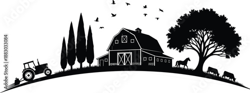Rural farm silhouette landscape with barn tractor trees birds and livestock, isolated black countryside illustration symbolizing agriculture and peaceful nature life