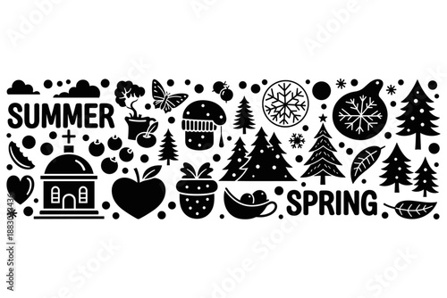Seasonal icon collection with summer and spring motifs showcasing nature, food, and festive elements for diverse applications