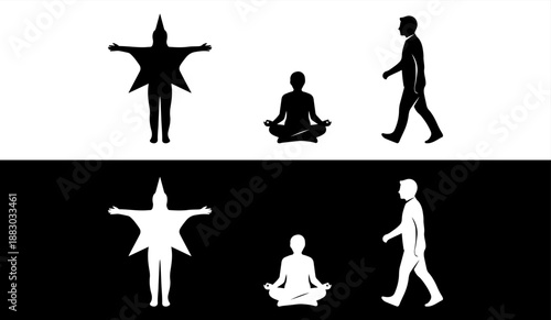 Silhouette of person meditating and walking in different poses