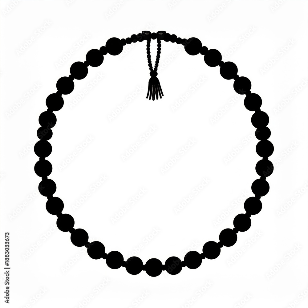 Obraz premium Circular arrangement of black prayer beads with a tassel on a white background creating a spiritual and meditative symbol