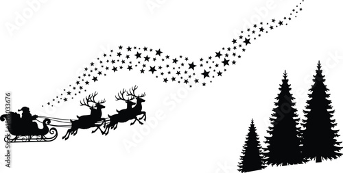 Santa Claus sleigh silhouette flying with reindeer and star trail above winter forest, isolated black Christmas holiday illustration