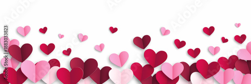 Background with flying paper cut hearts for card decoration. Love border. Red and pink hearts frame