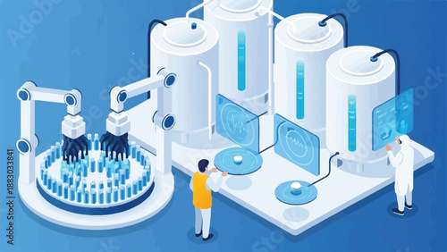 Scientists and robotic arm in futuristic laboratory setting with large cylindrical machines and blue interface screens