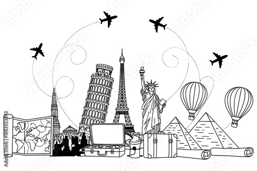 A whimsical black and white illustration showcasing iconic travel landmarks and modes of transportation, perfect for travel-themed projects