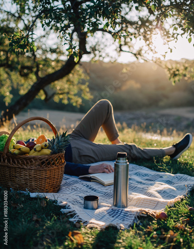 Relaxed person reading a book on a picnic blanket under an apple tree at sunset.