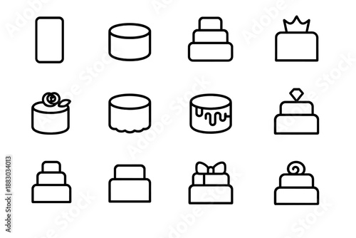 Luxury Cake Icons. Luxury cake silhouettes. Line outline icon set of Luxury cake silhouettes: tall silhouette