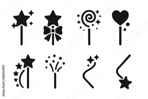 Birthday Magic Icons. Birthday magic wand for kids. Filled icon set of Birthday magic wand for kids: star wand