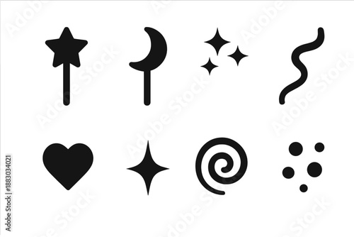 Kids Magic Wands. Kids magic wand icons. Filled icon set of Kids magic wand icons: star tip wand, moon charm,