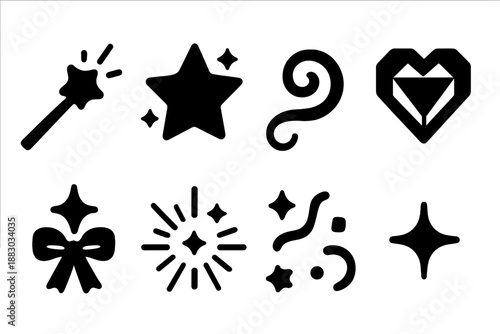 Magical Birthday Icons. Magical birthday elements. Filled icon set of Magical birthday elements: magic wand,