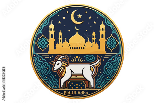 Beautiful Eid-Al-Adha illustration featuring a ram, mosque, stars, and crescent moon, symbolizing the Islamic festival of sacrifice