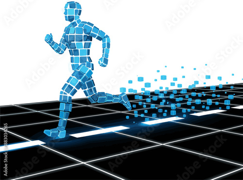 Create a realistic Man made of cubes runs along a digital road, leaving behind glowing trails vector art with white background..