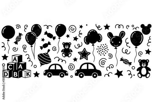 Collection of various black silhouette objects for kids' playtime and party celebrations. Cute doodle elements including toys, balloons, and candies for children's events