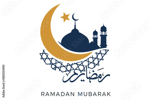 Elegant Ramadan Mubarak Design with Golden Crescent Moon, Star, and Mosque Silhouette - Islamic Holy Month Celebration Graphic for Festive Greetings and Cultural Events