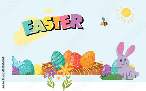 Math Easter Egg Counting Game Presentation in Pastel Animated Style, vector, cartoon, illustration, design, card, easter, baby, animal, set, rabbit, birthday, art, spring, flower, holiday, pattern, de