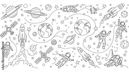 Detailed outline doodle collection of space exploration elements featuring planets, launching rockets, orbiting satellites, and floating astronauts, ideal for educational or creative cosmic designs