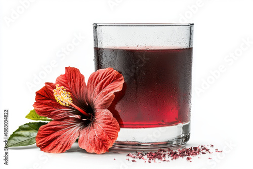 Refreshing glass of iced hibiscus tea with condensation on glass, accompanied by vibrant red hibiscus flower and dried petals, evoking natural and calming feeling
