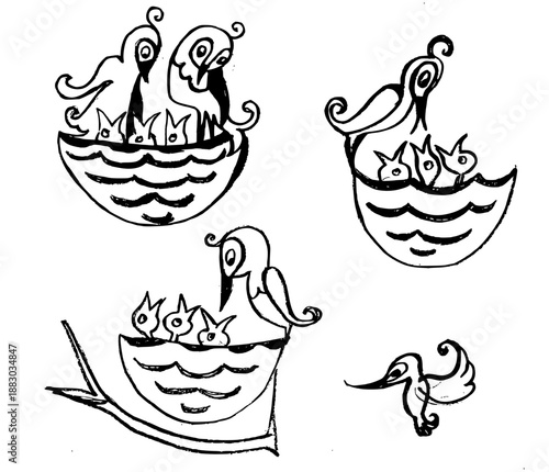 Hand-drawn bird family set, vectorized pencil sketches of nests and chicks in doodle style.Whimsical birds in nests collection, minimalist handmade line art of avian family life.