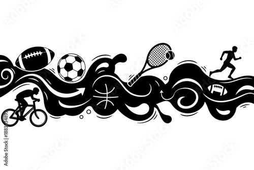 A dynamic horizontal border design showcasing various sports, including cycling, football, basketball, tennis, and running, in a flowing, artistic illustration style