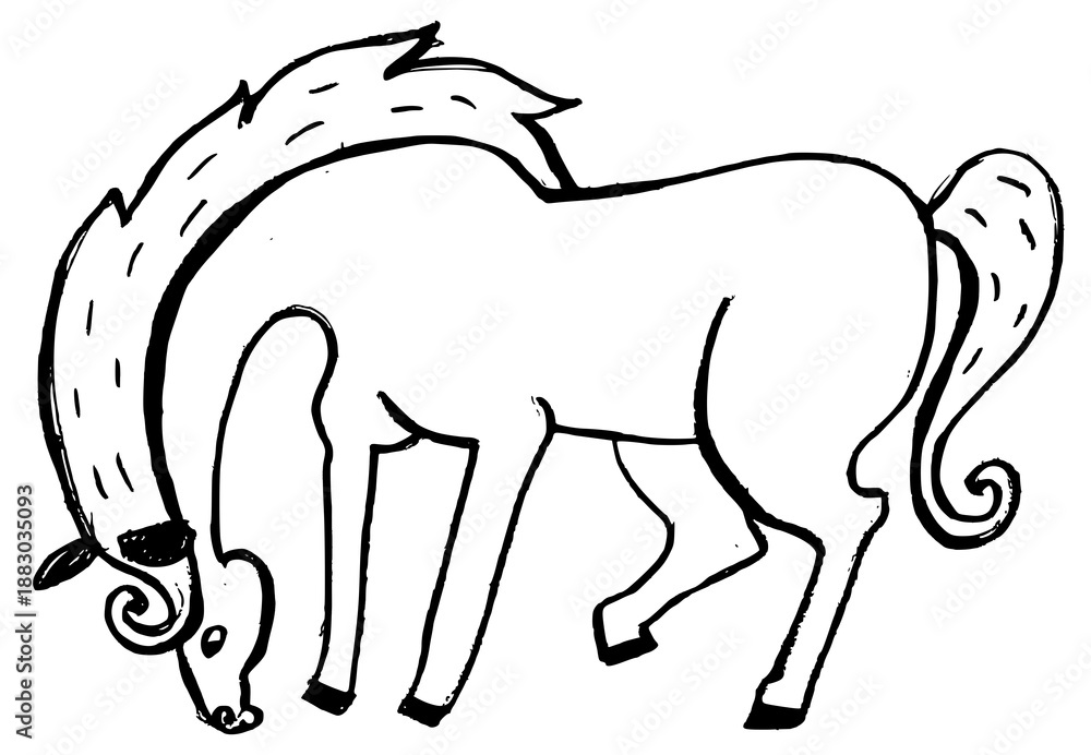 Obraz premium Hand drawn horse illustration in doodle style, grazing horse line art sketch. Hand-drawn pencil sketch of a grazing horse, vectorized line art illustration.