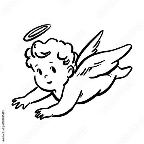 Line art cupid, vintage style. Love vector logo design. Cute flying angel with halo