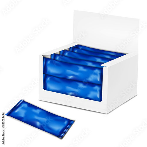 White blank paperboard retail display box filled with sachet packages. Realistic mockup. Header tab cardboard container. Vector mock-up. Food snack product multipack packaging. Template for design