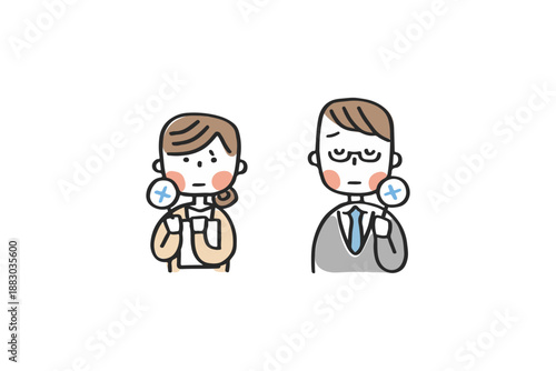 ばつの札を挙げる男女の先輩社員