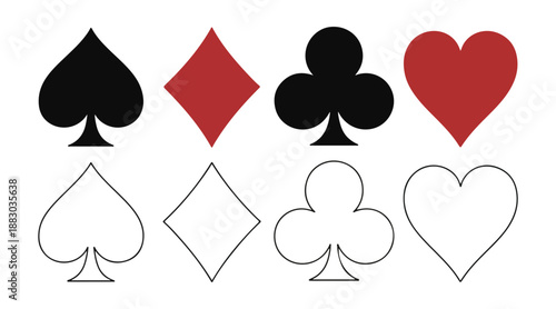 Playing card suits symbols spades diamonds clubs hearts solid and outline graphic elements vector illustration