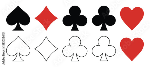Collection of classic playing card suits in solid and outline styles with black and red colors