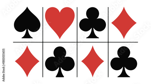 Playing card suits vector illustration set spades hearts clubs diamonds arranged in a two by four grid on white background