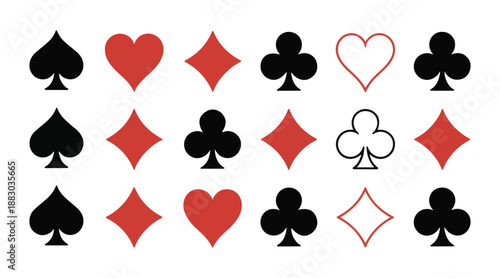 Set of fifteen playing card suits symbols in rows including solid and outline variations on a pure white background
