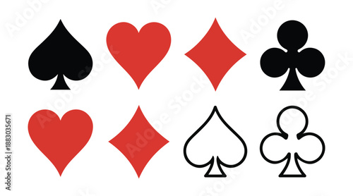Eight playing card suit symbols including outlines on white background hearts diamonds clubs spades vector