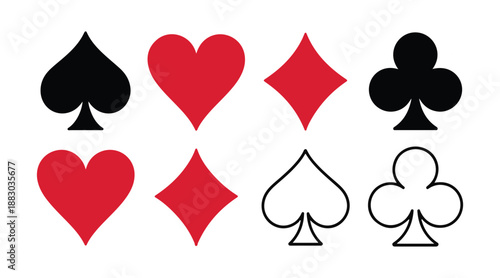 Playing card suits vector set four solid symbols and four outline symbols arranged in two distinct horizontal rows