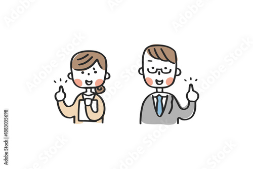 人差し指を立てて話す男女の先輩社員