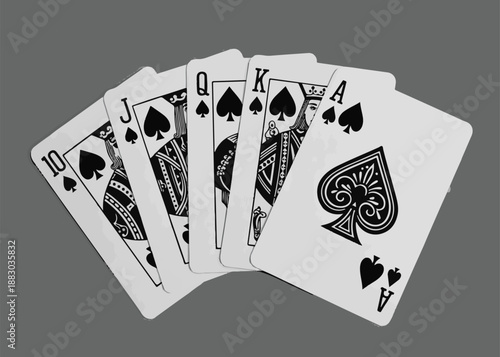 Royal flush poker hand ace king queen jack ten of spades on grey background monochrome illustration