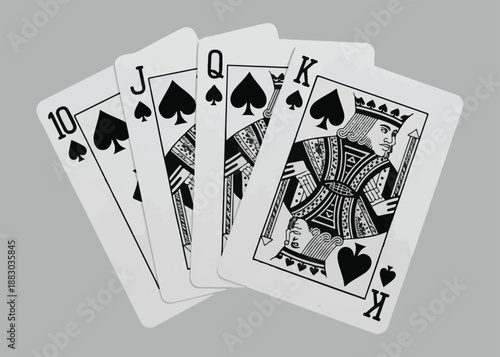 Poker hand ace king queen jack ten of spades illustration monochrome playing cards on grey background