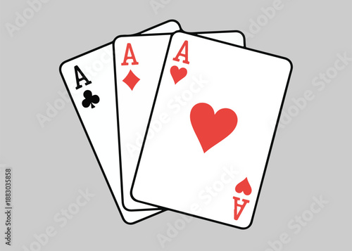 Three aces poker hand ace of spades diamonds hearts on grey background playing cards illustration