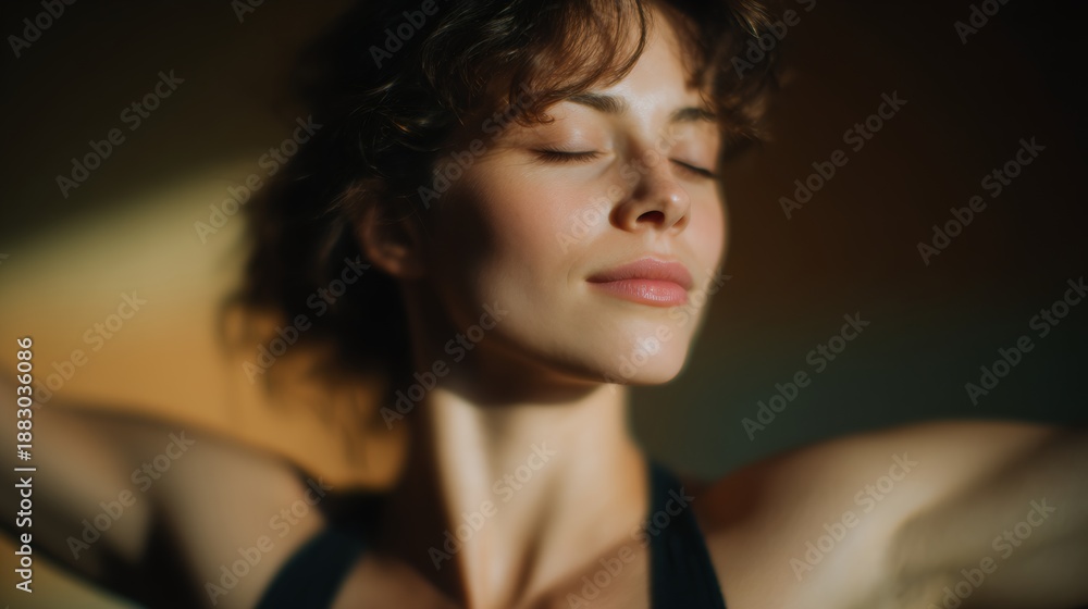 Naklejka premium Woman with long brown hair and a black tank top is smiling