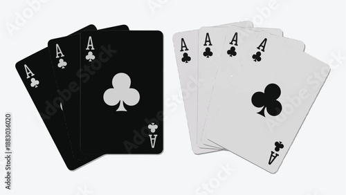 Black and white aces of clubs playing cards collection showing light and dark versions of four aces in fanned layouts