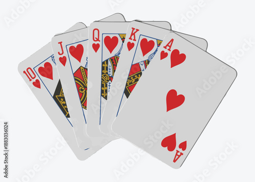 Stylized hearts royal flush playing cards illustration with artistic filter effect showing winning poker hand sequence