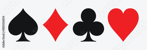 Set of four classic playing card suits in solid black and red colors for various graphic designs