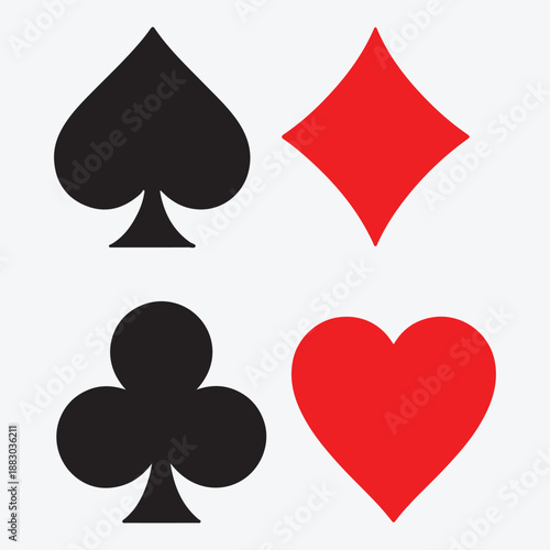 Four playing card suit symbols hearts diamonds clubs spades in grid black and red colors on white