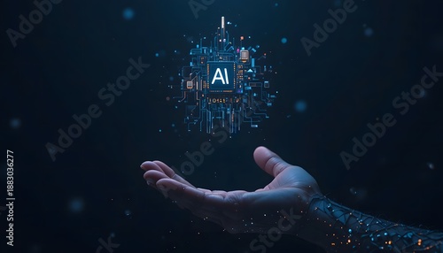 Futuristic digital AI concept with human hand and technology interface